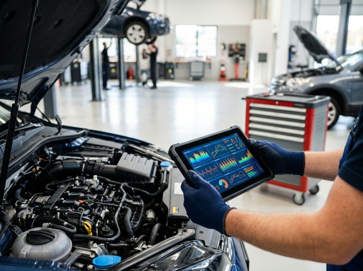 Mecânico usando tablet para registrar o serviço do carro